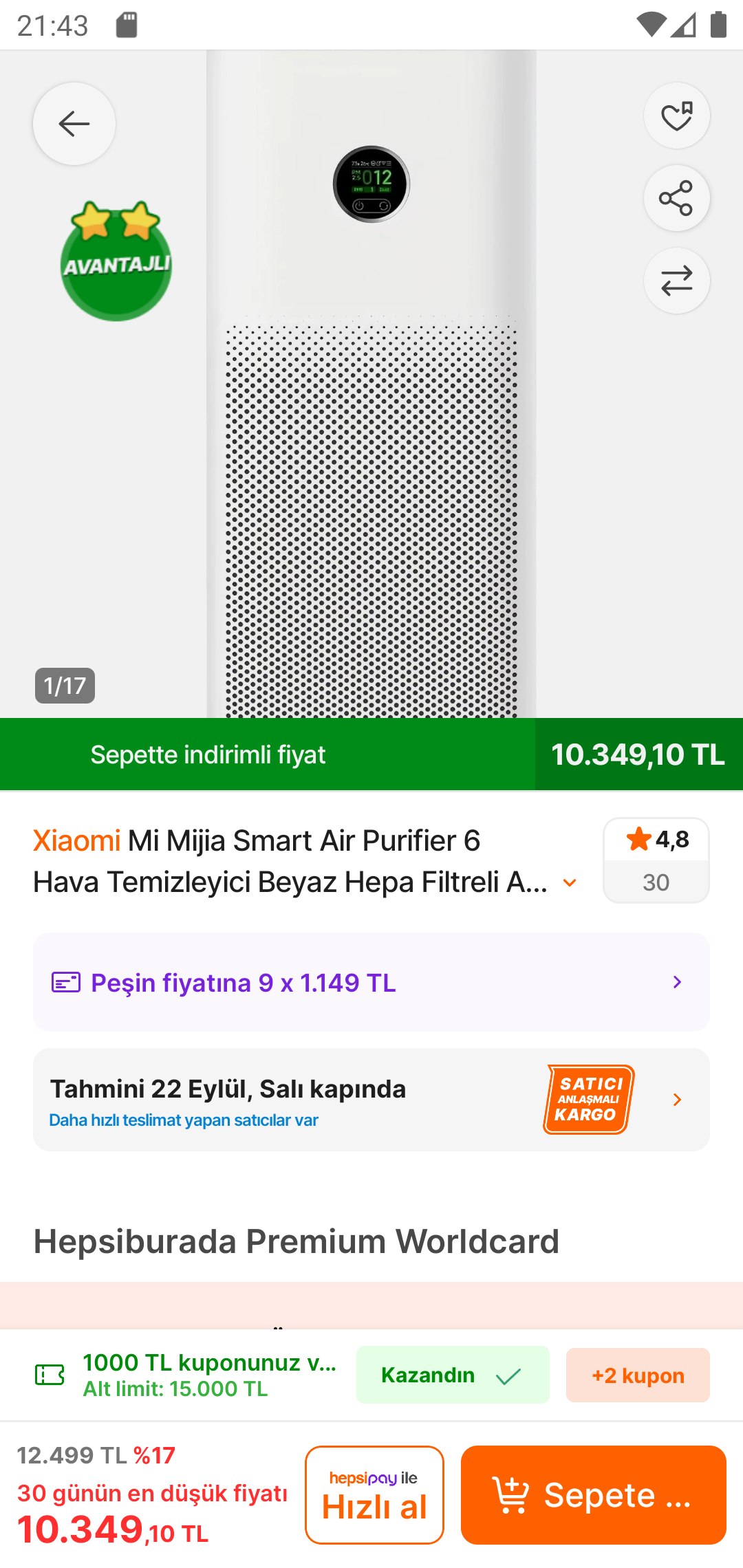 Xiaomi Mi Mijia Smart Air Purifier 6 Hava Temizleyici Beyaz Hepa Filtreli Akıllı…