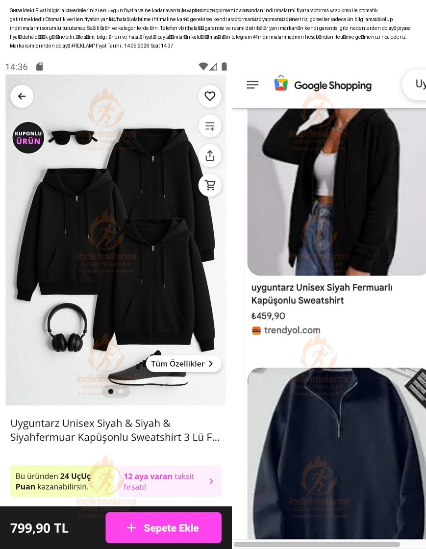Uyguntarz Unisex Siyah Siyah Siyahfermuar Kapüşonlu Sweatshirt 3 Lü Fırsat Paket…