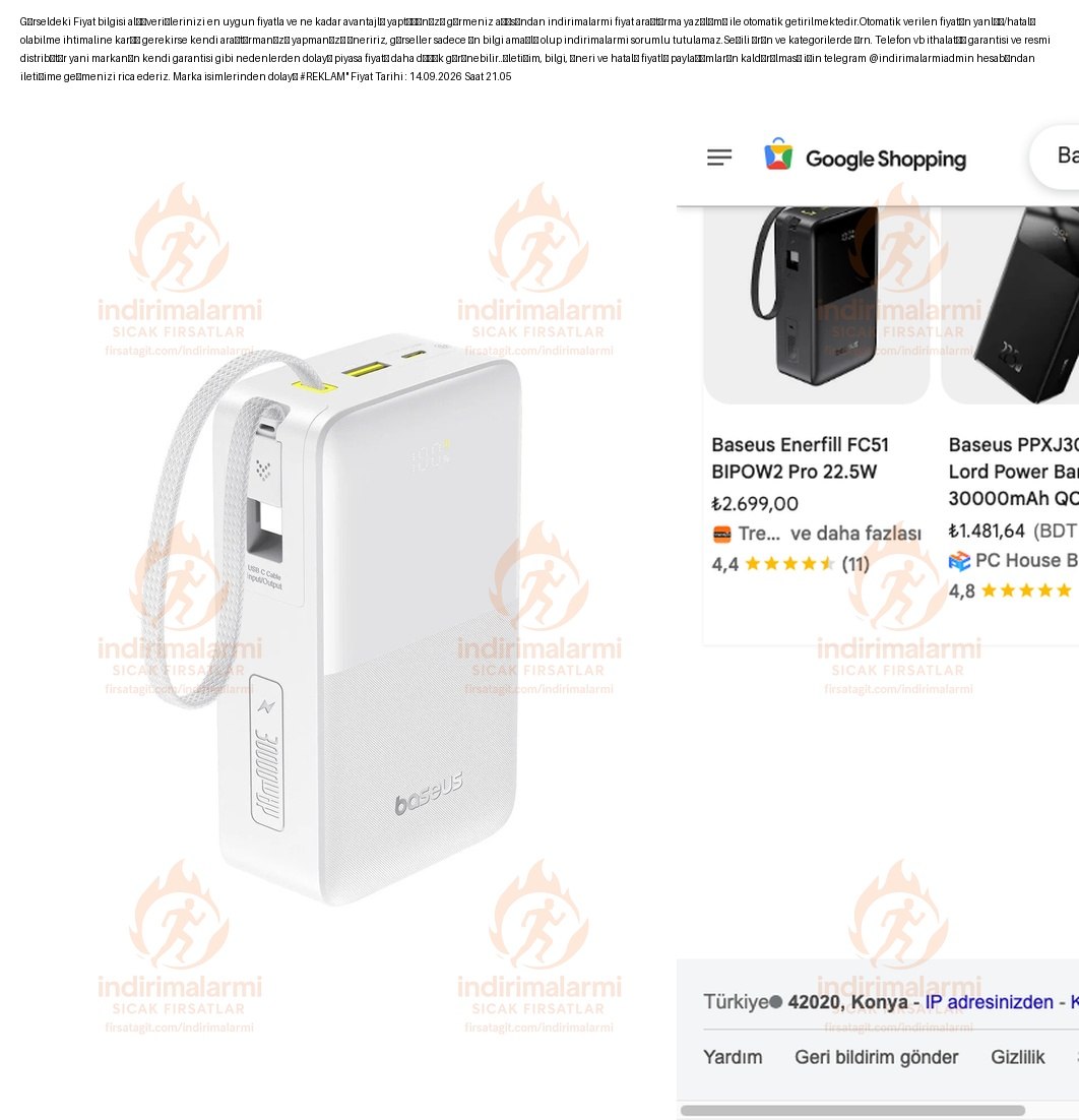Baseus EnerFill Bipow2 Pro 30000 mAh Power Bank, Dahili USB-C Kablosu, 22.5W Hız…
