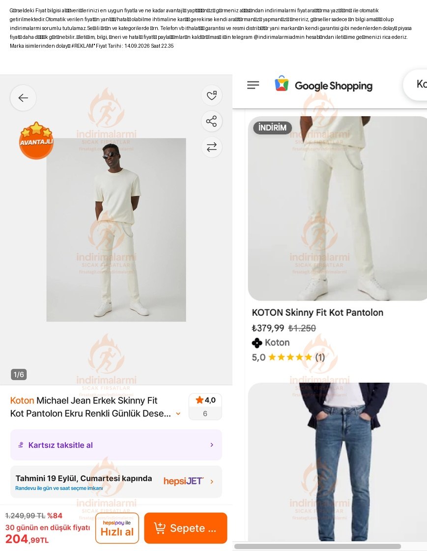 Koton Michael Jean Erkek Skinny Fit Kot Pantolon Ekru Renkli Günlük Desenli Dar …