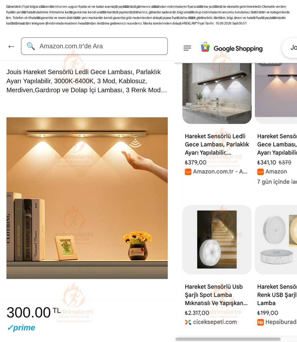 Jouis Hareket Sensörlü Ledli Gece Lambası, Parlaklık Ayarı Yapılabilir, 3000K-64…