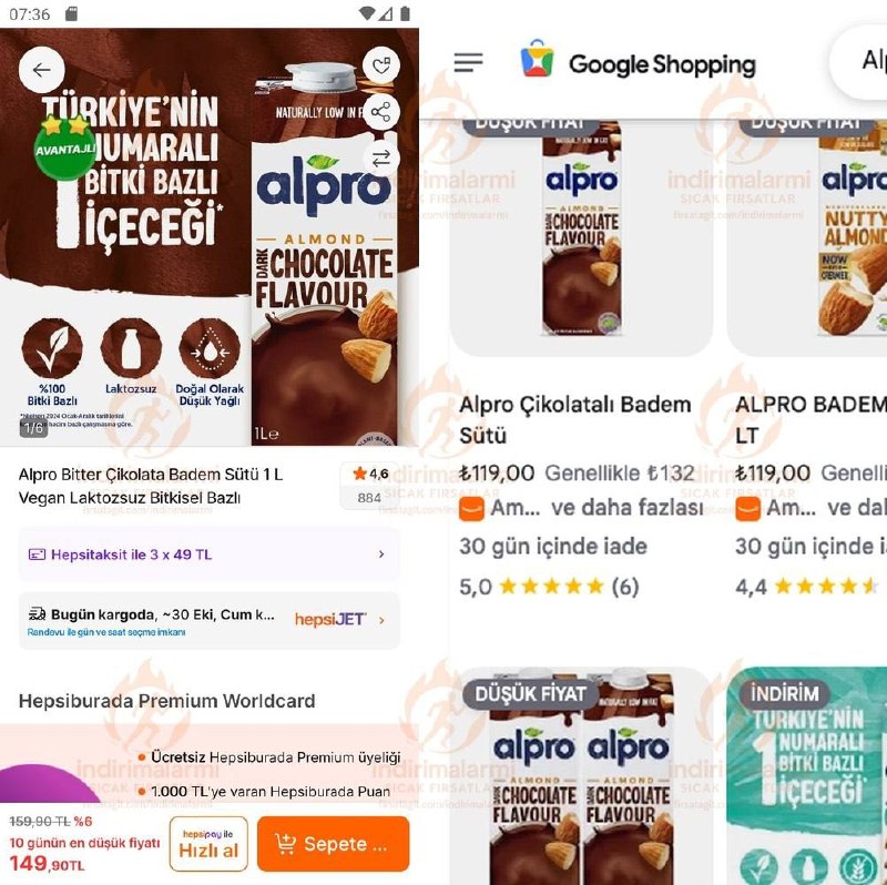 Alpro Bitter Çikolata Badem Sütü 1 L Vegan Laktozsuz Bitkisel Bazlı