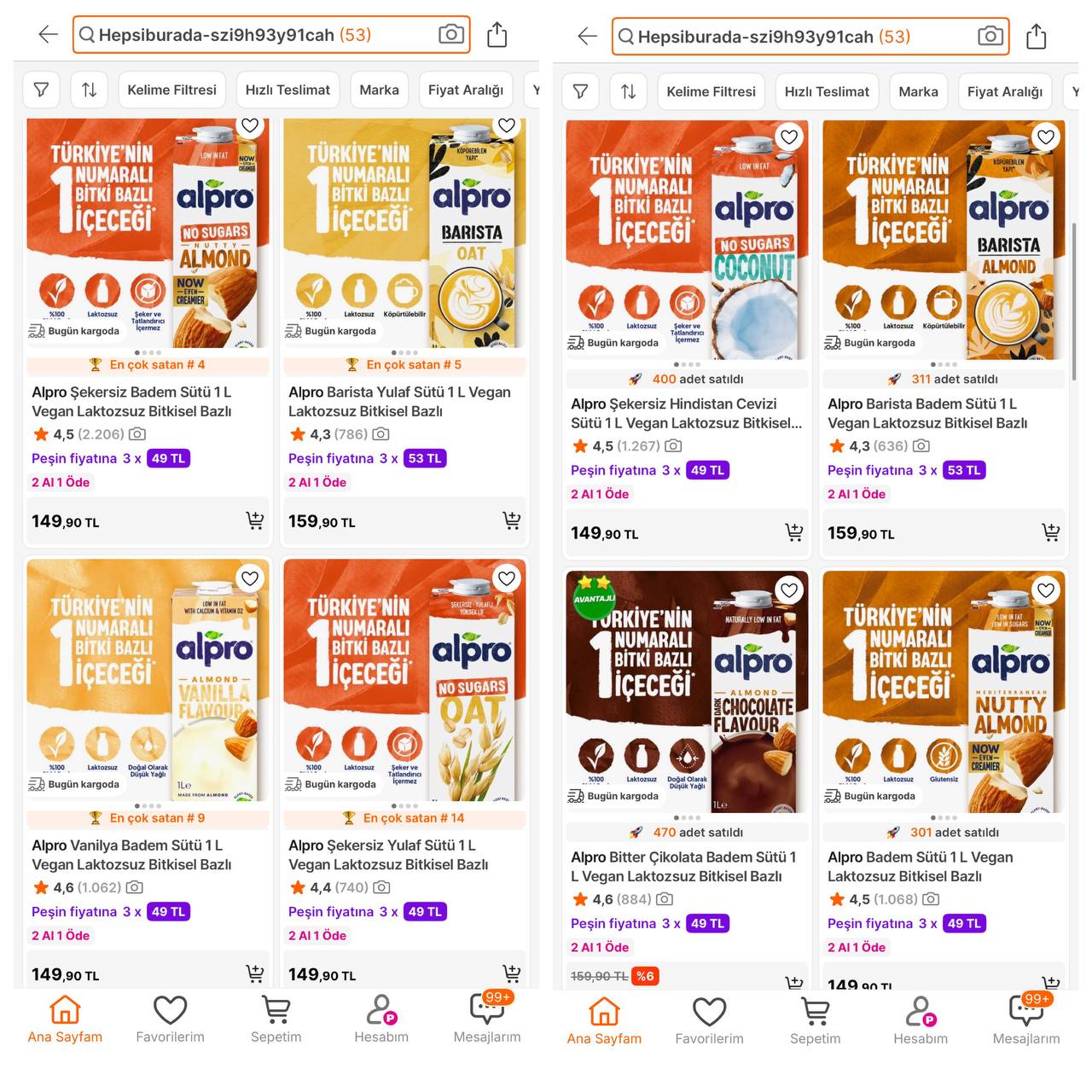 Alpro Bitkisel Süt Çeşitleri 1 alana 1 bedava ile 74 TLye düşüyor
