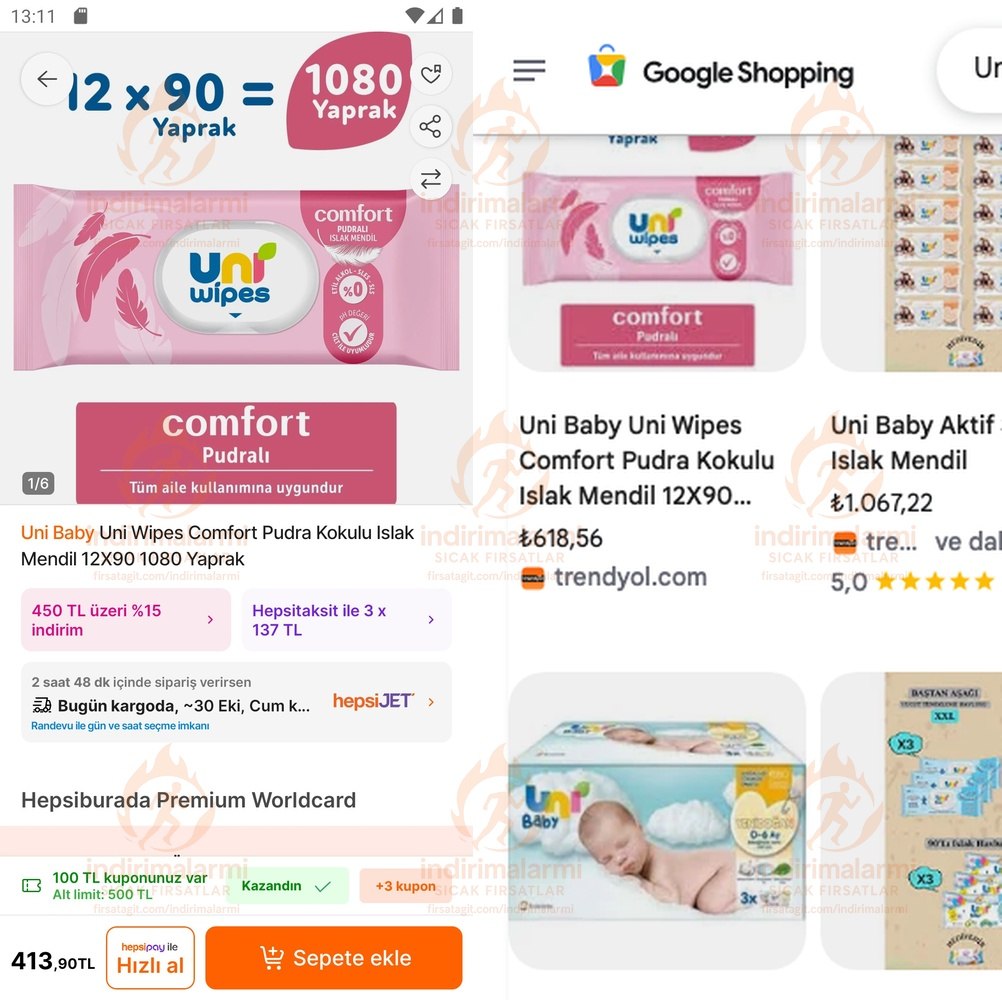 Uni Baby Uni Wipes Comfort Pudra Kokulu Islak Mendil 12X90 1080 Yaprak