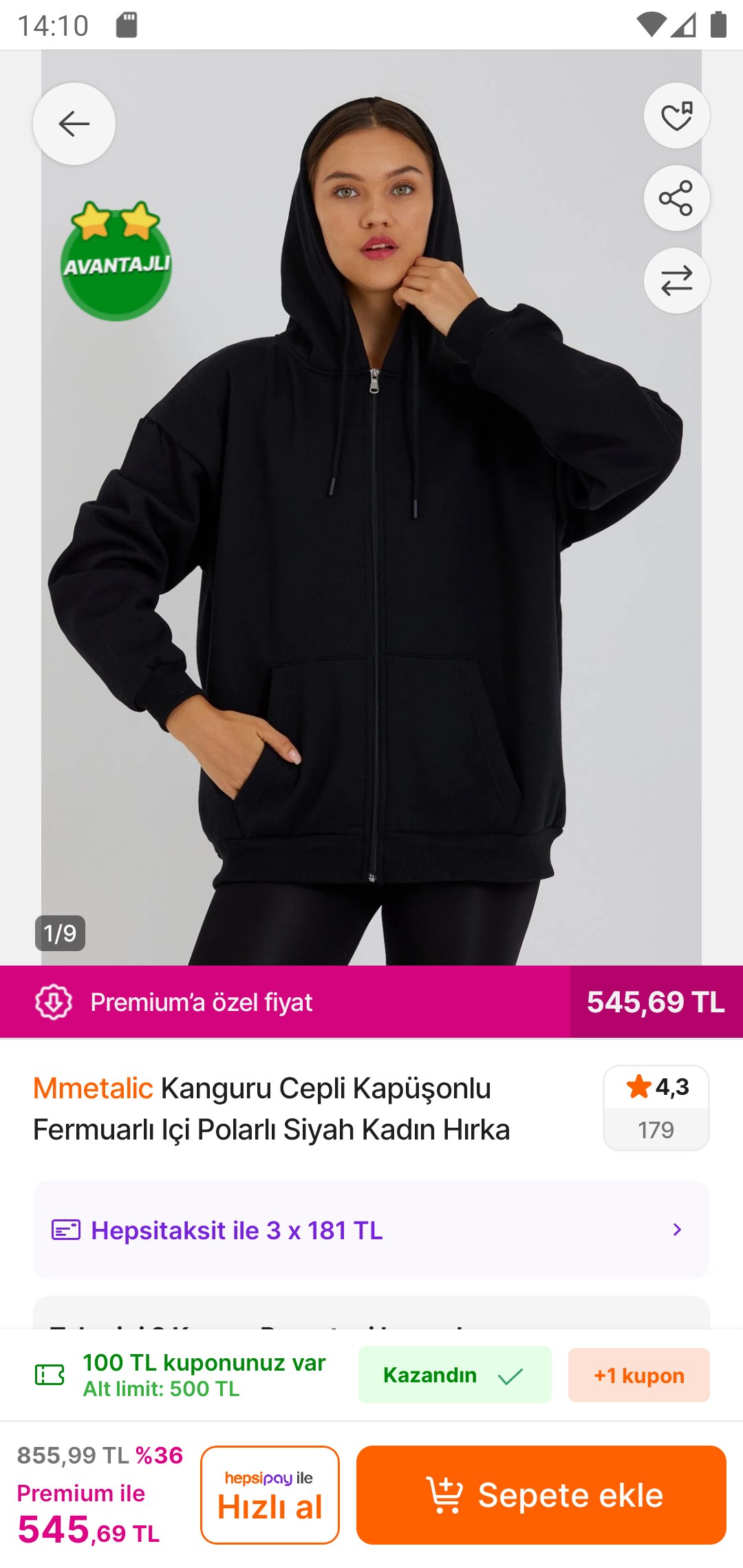 Mmetalic Kanguru Cepli Kapüşonlu Fermuarlı Içi Polarlı Siyah Kadın Hırka