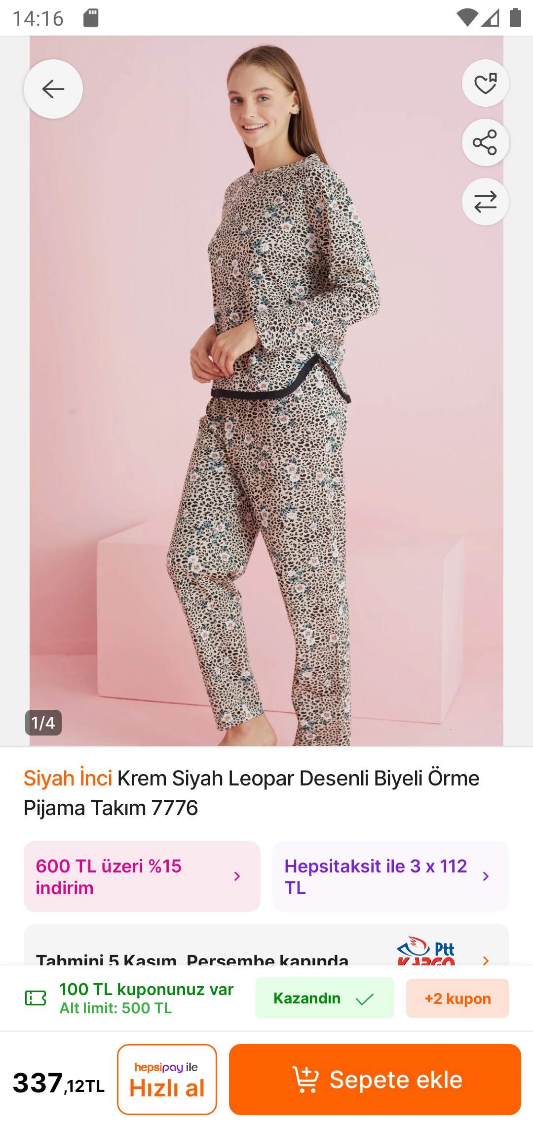 Siyah İnci Krem Siyah Leopar Desenli Biyeli Örme Pijama Takım 7776