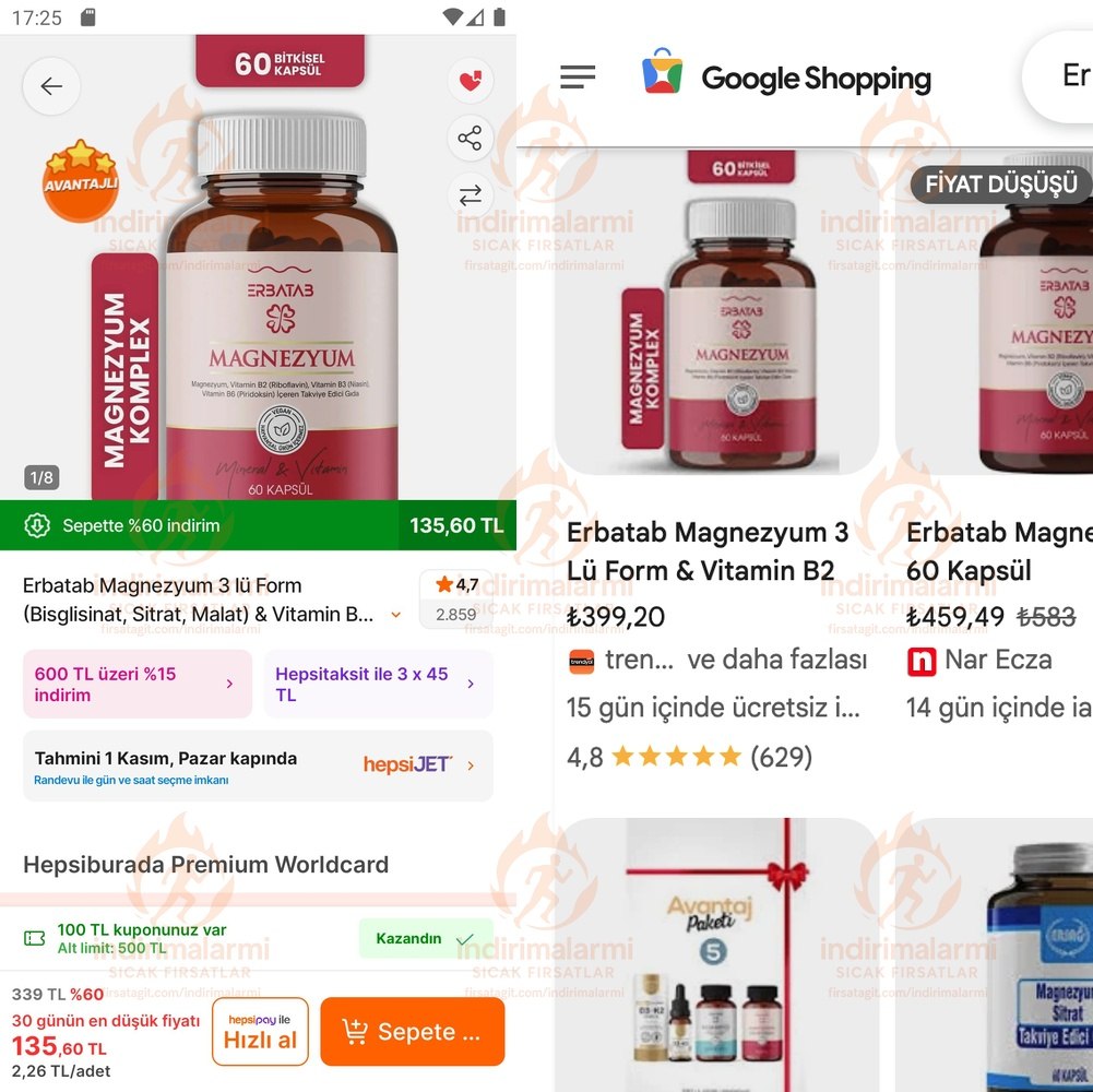 Erbatab Magnezyum 3 lü Form Bisglisinat, Sitrat, Malat Vitamin B2 , B3 , B6 – 60…