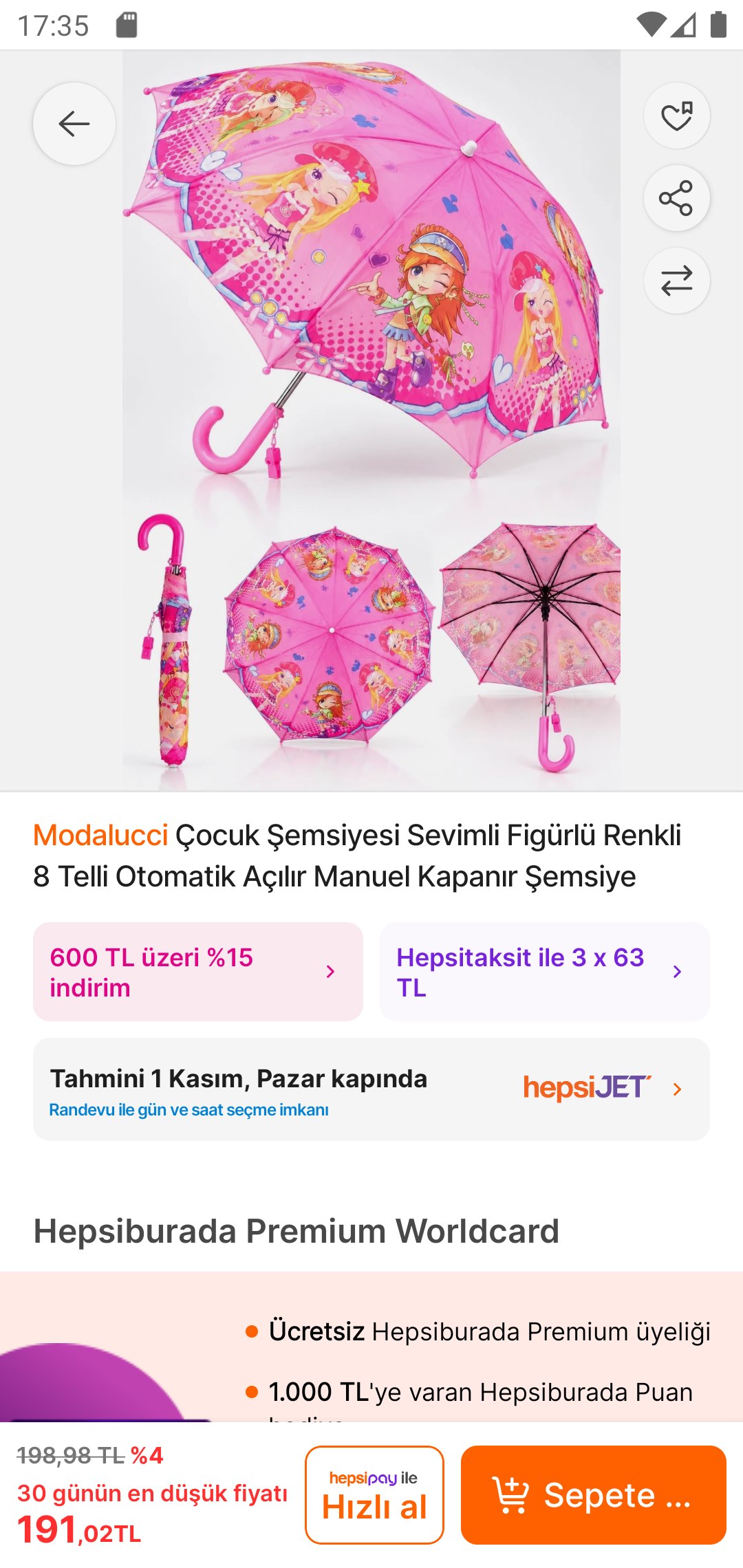 Modalucci Çocuk Şemsiyesi Sevimli Figürlü Renkli 8 Telli Otomatik Açılır Manuel …