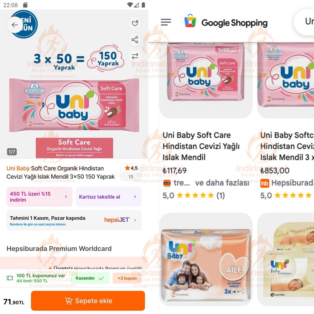 Uni Baby Soft Care Organik Hindistan Cevizi Yağlı Islak Mendil 3×50 150 Yaprak