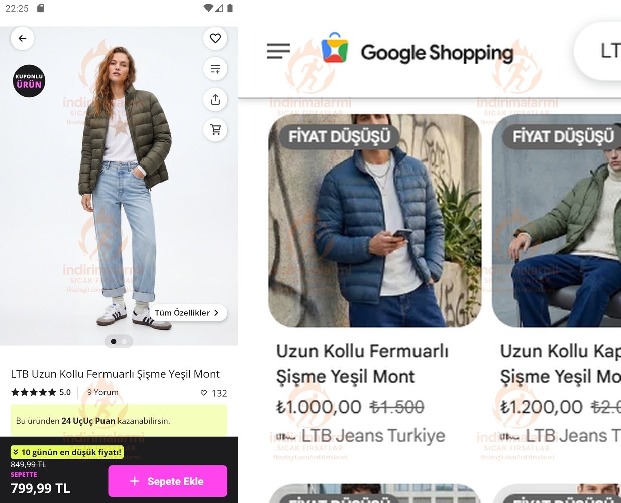 LTB Uzun Kollu Fermuarlı Şişme Yeşil Mont