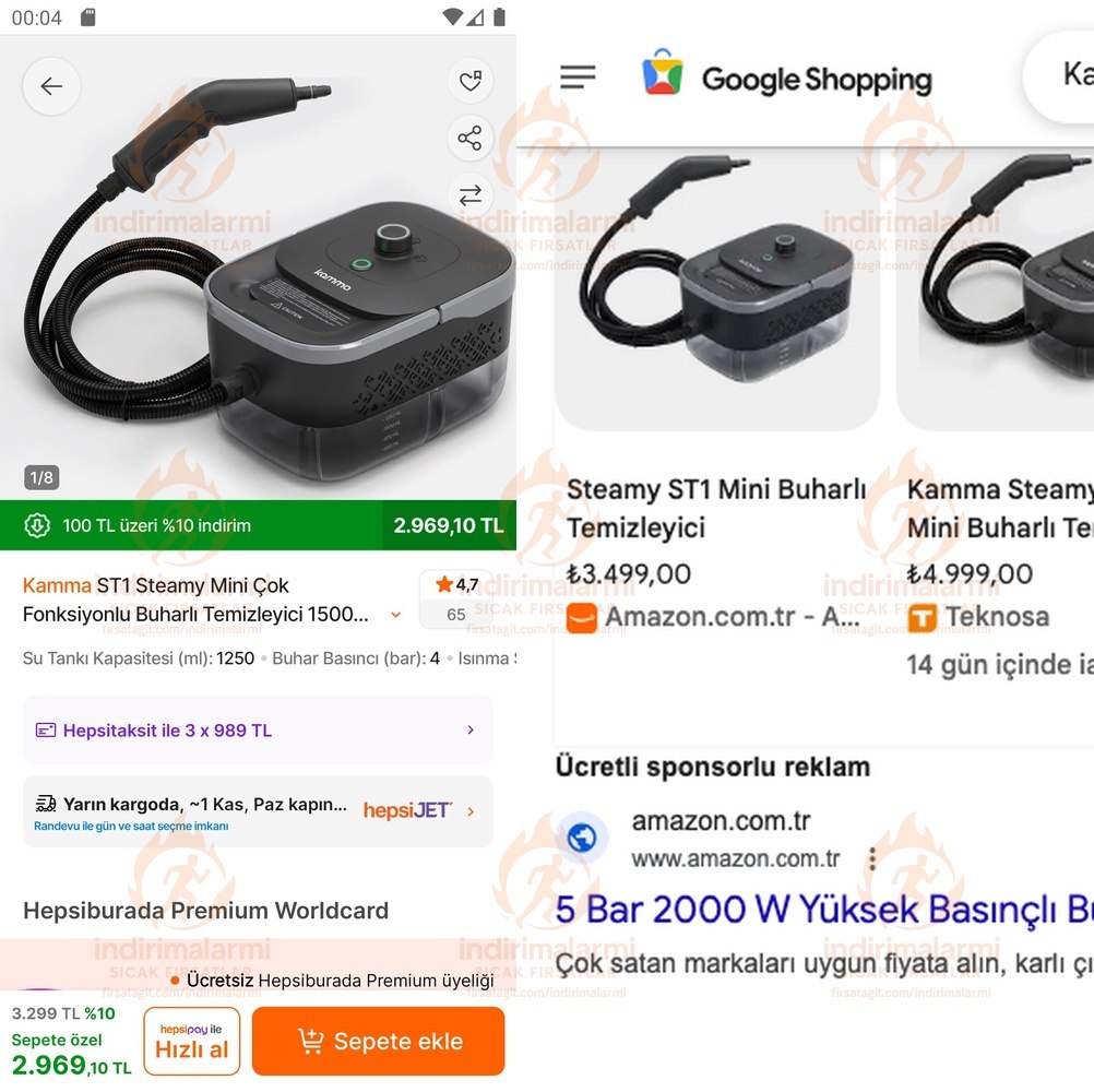 Kamma ST1 Steamy Mini Çok Fonksiyonlu Buharlı Temizleyici 1500W 1.25L Su Tankı 4…