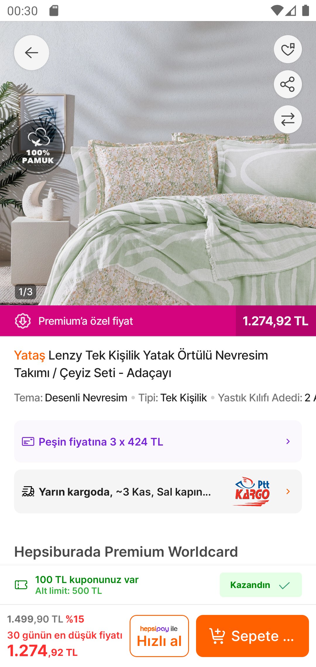 Yataş Lenzy Tek Kişilik Yatak Örtülü Nevresim Takımı Çeyiz Seti – Adaçayı