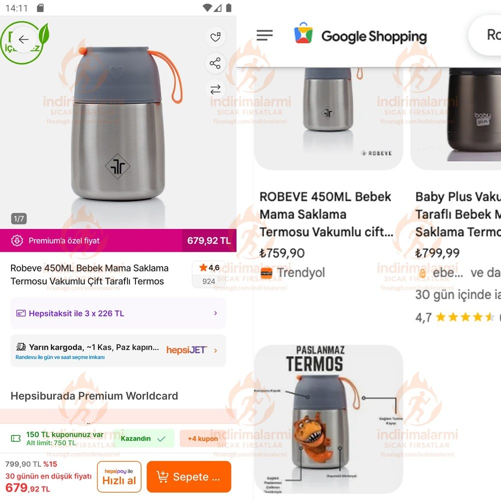 Robeve 450ML Bebek Mama Saklama Termosu Vakumlu Çift Taraflı Termos