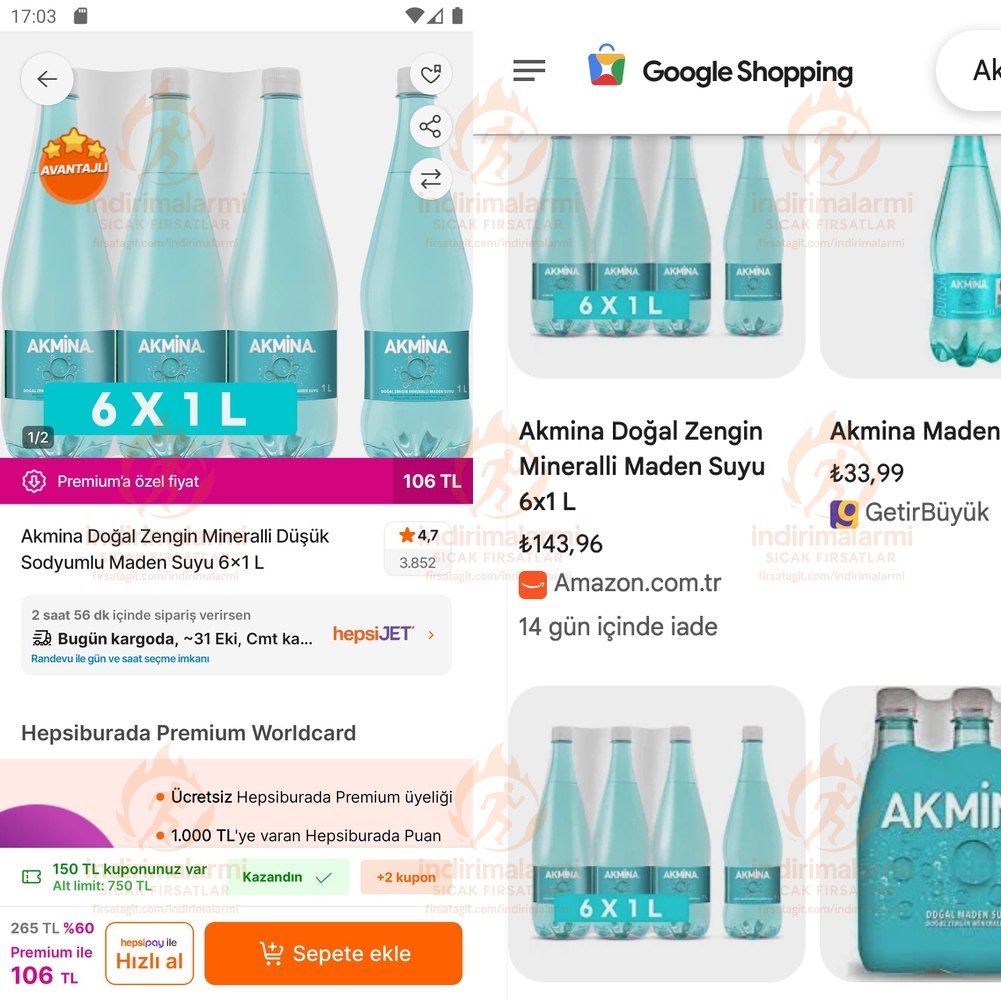 Akmina Doğal Zengin Mineralli Düşük Sodyumlu Maden Suyu 6×1 L