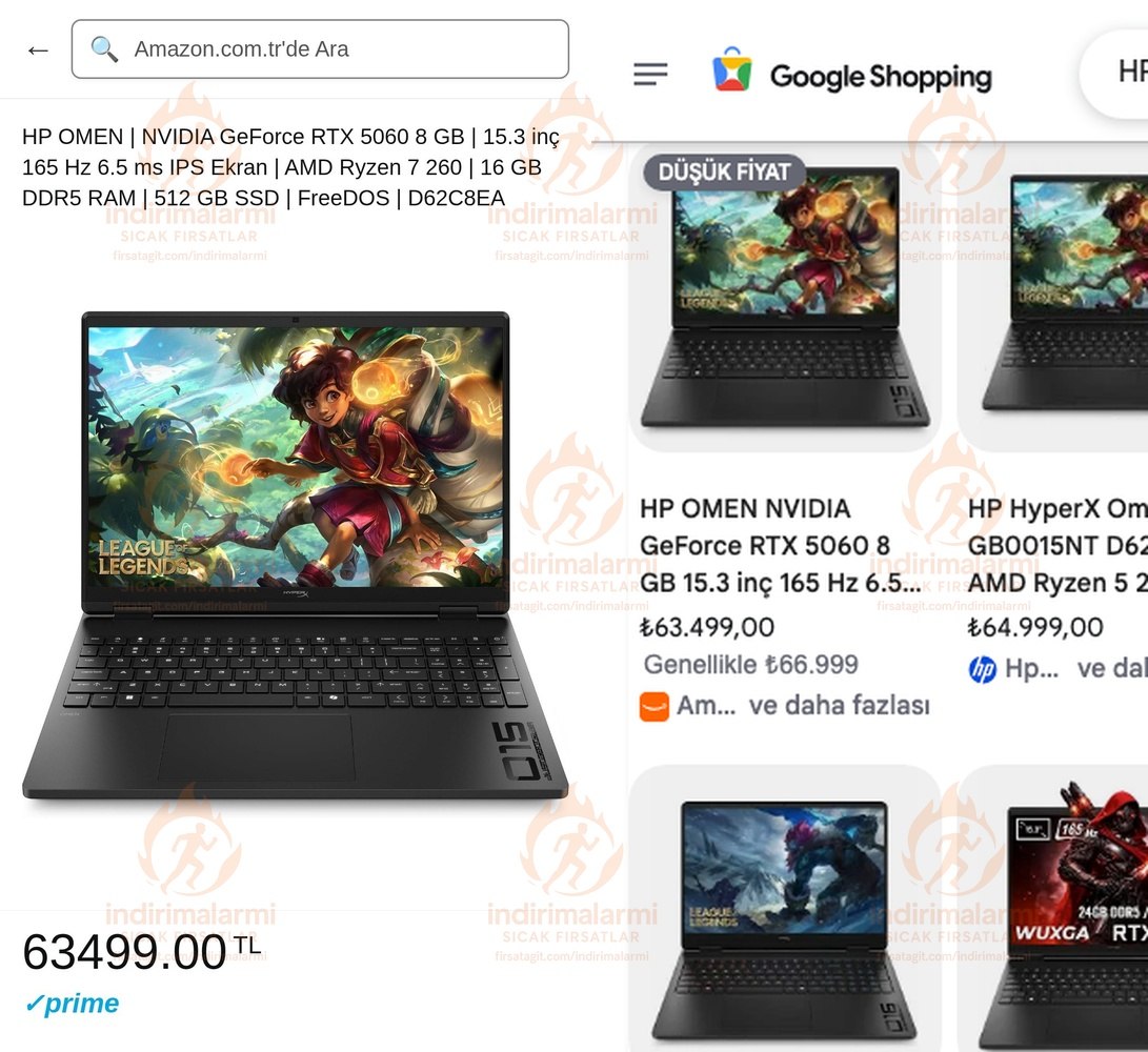 HP OMEN NVIDIA GeForce RTX 5060 8 GB 15.3 inç 165 Hz 6.5 ms IPS Ekran AMD Ryzen …
