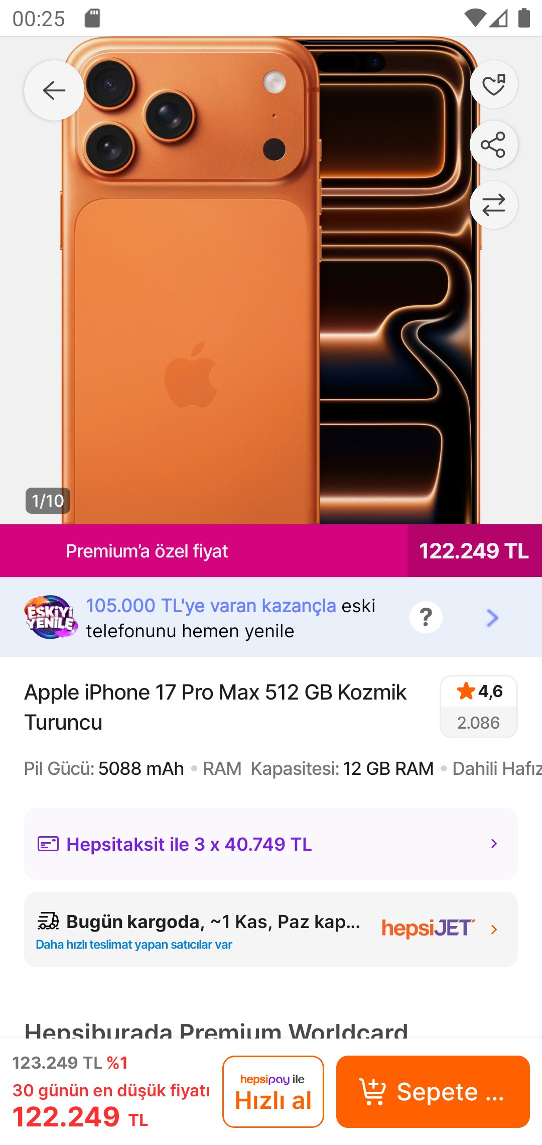 Apple iPhone 17 Pro Max 512 GB Kozmik Turuncu