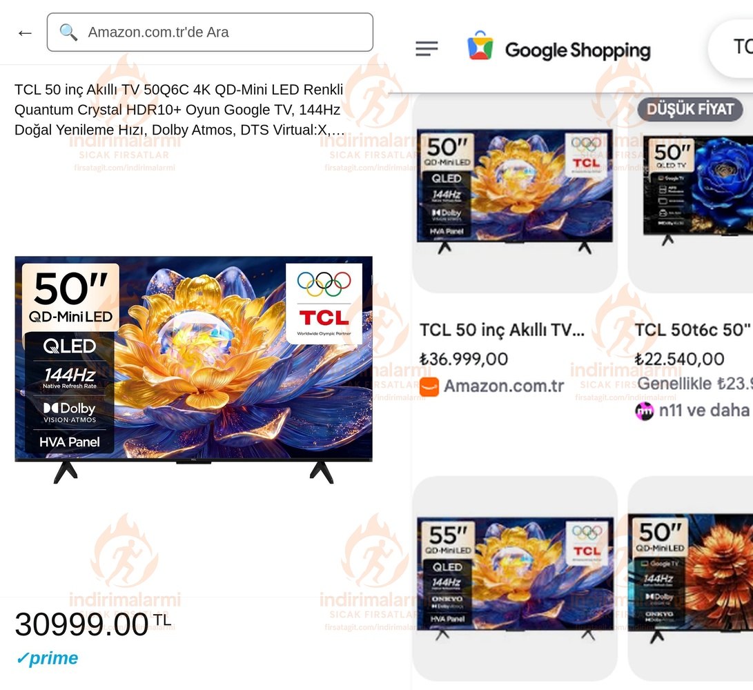 TCL 50 inç Akıllı TV 50Q6C 4K QD-Mini LED Renkli Quantum Crystal HDR10 Oyun Goog…
