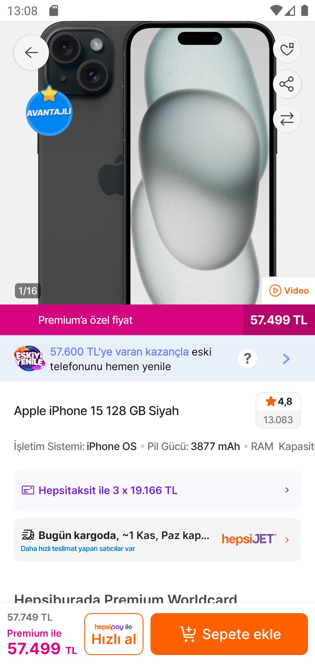 Apple iPhone 15 128 GB Siyah