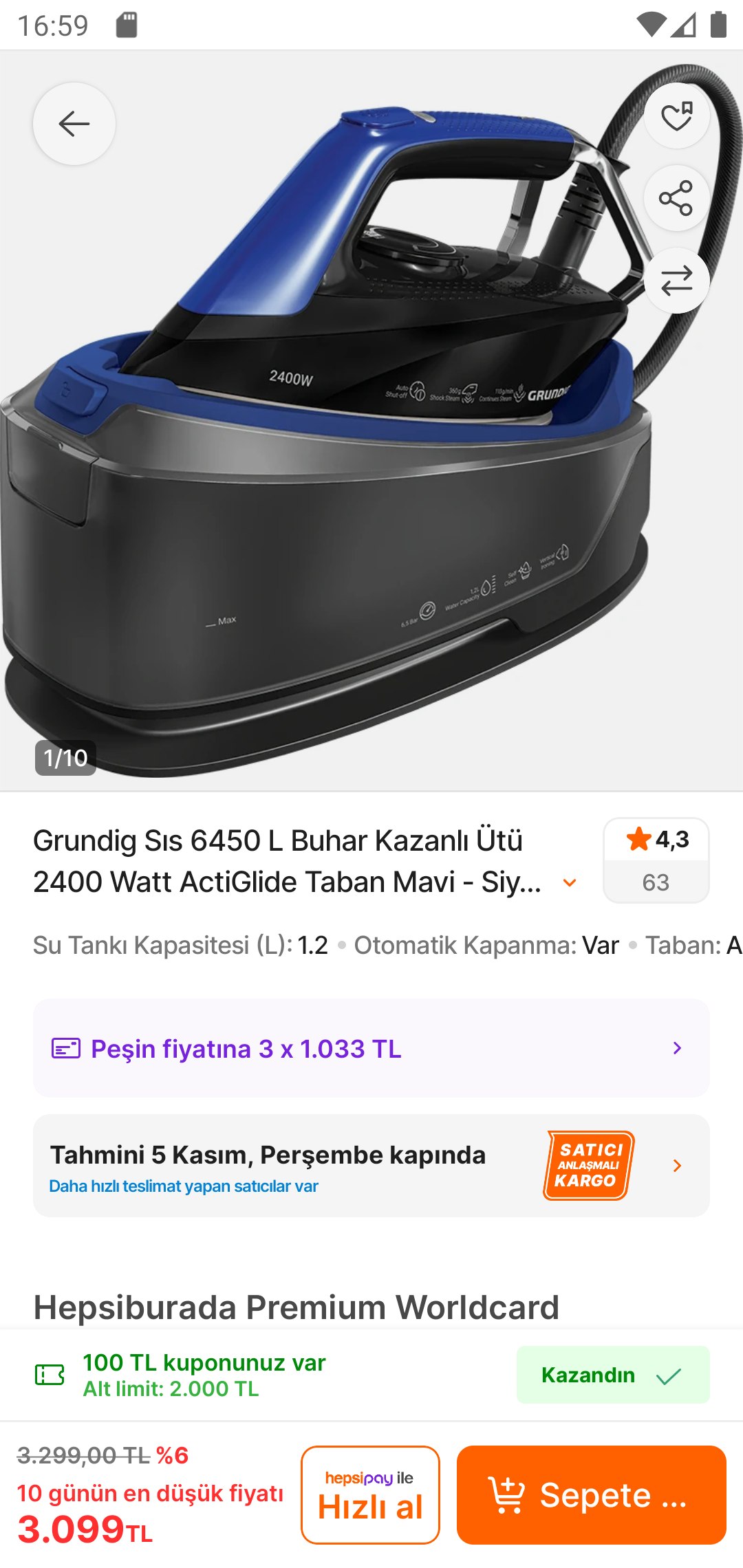 Grundig Sıs 6450 L Buhar Kazanlı Ütü 2400 Watt ActiGlide Taban Mavi – Siyah Renk…