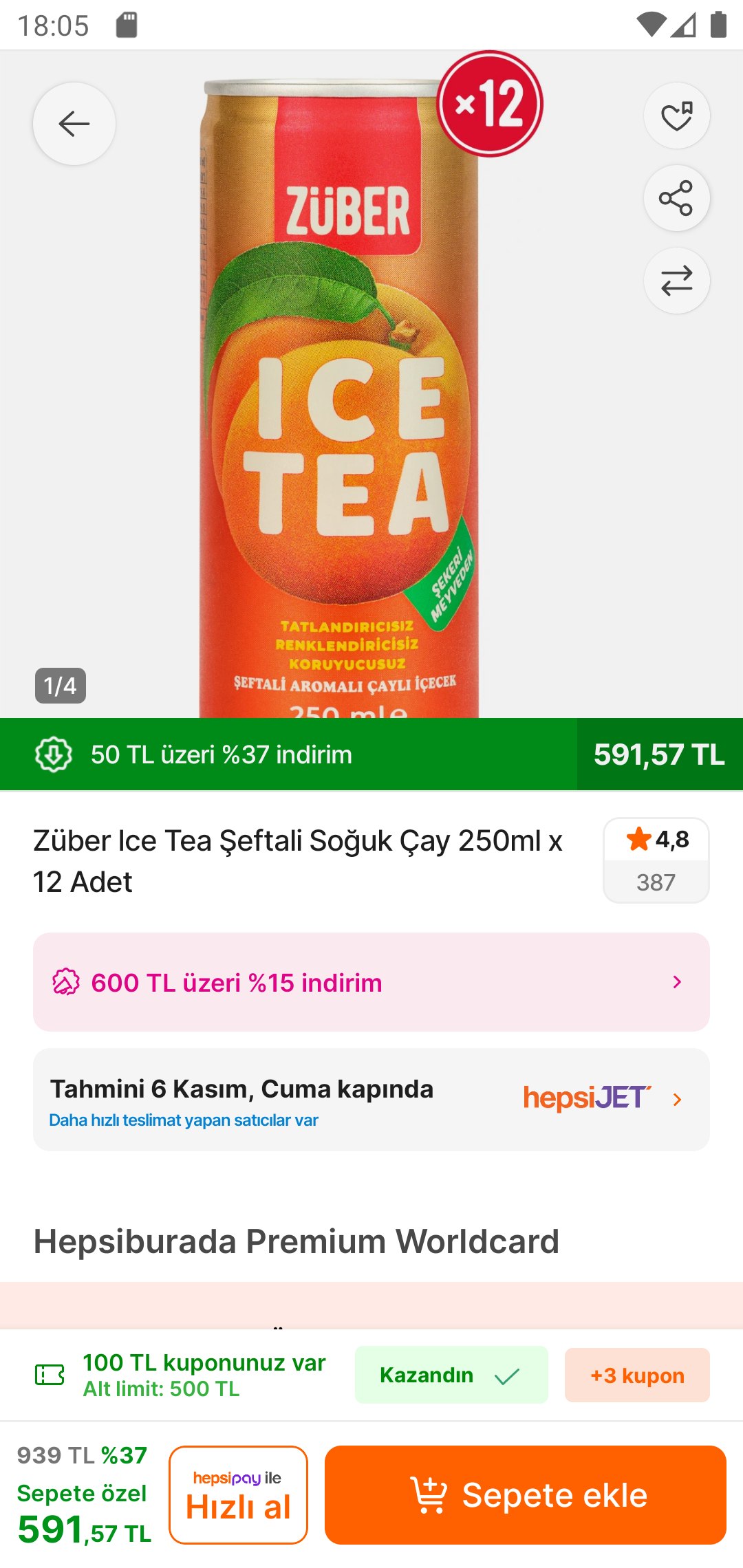 Züber Ice Tea Şeftali Soğuk Çay 250ml x 12 Adet