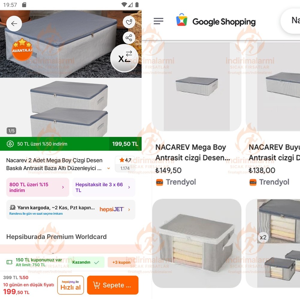Nacarev 2 Adet Mega Boy Çizgi Desen Baskılı Antrasit Baza Altı Düzenleyici Hurç …