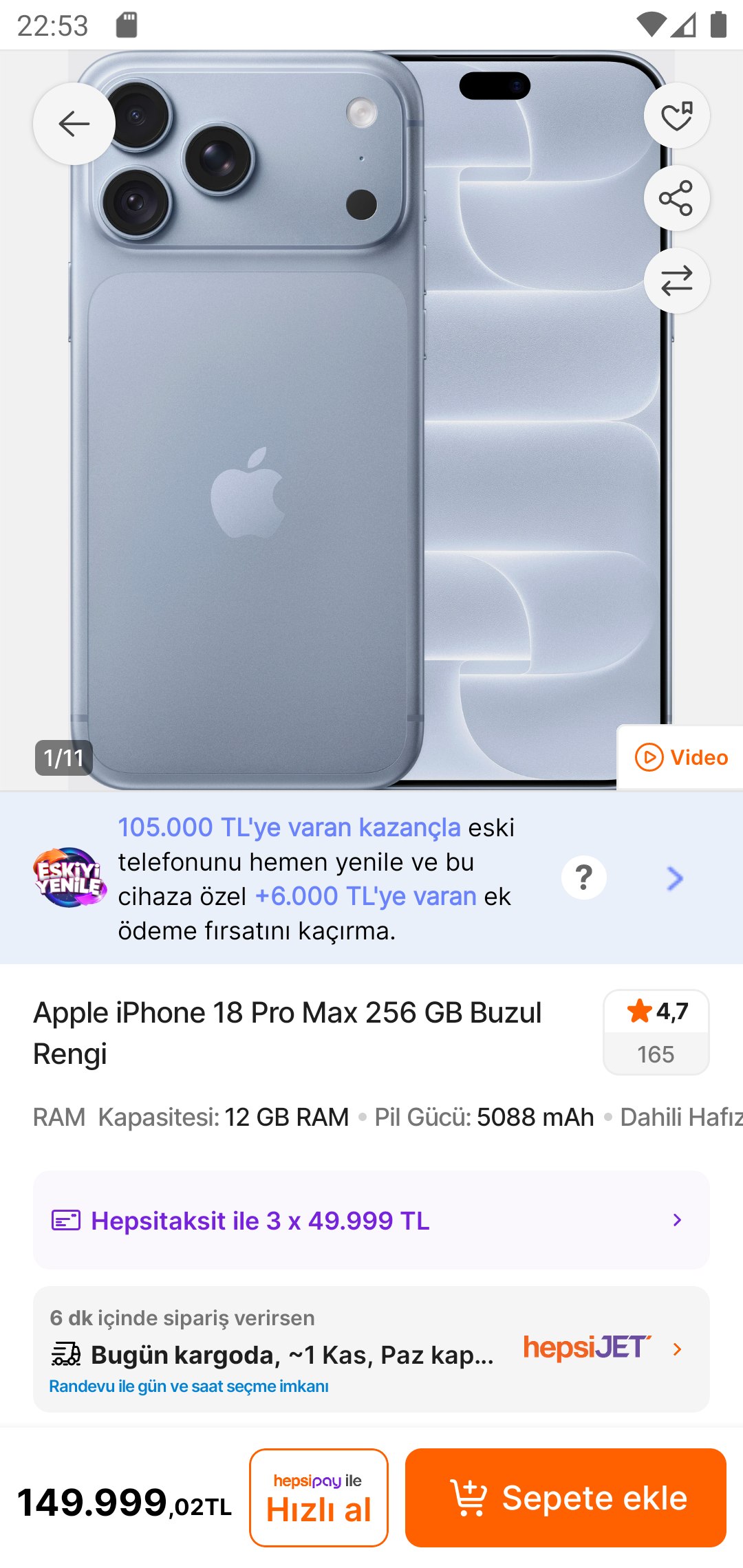 Apple iPhone 18 Pro Max 256 GB Buzul Rengi