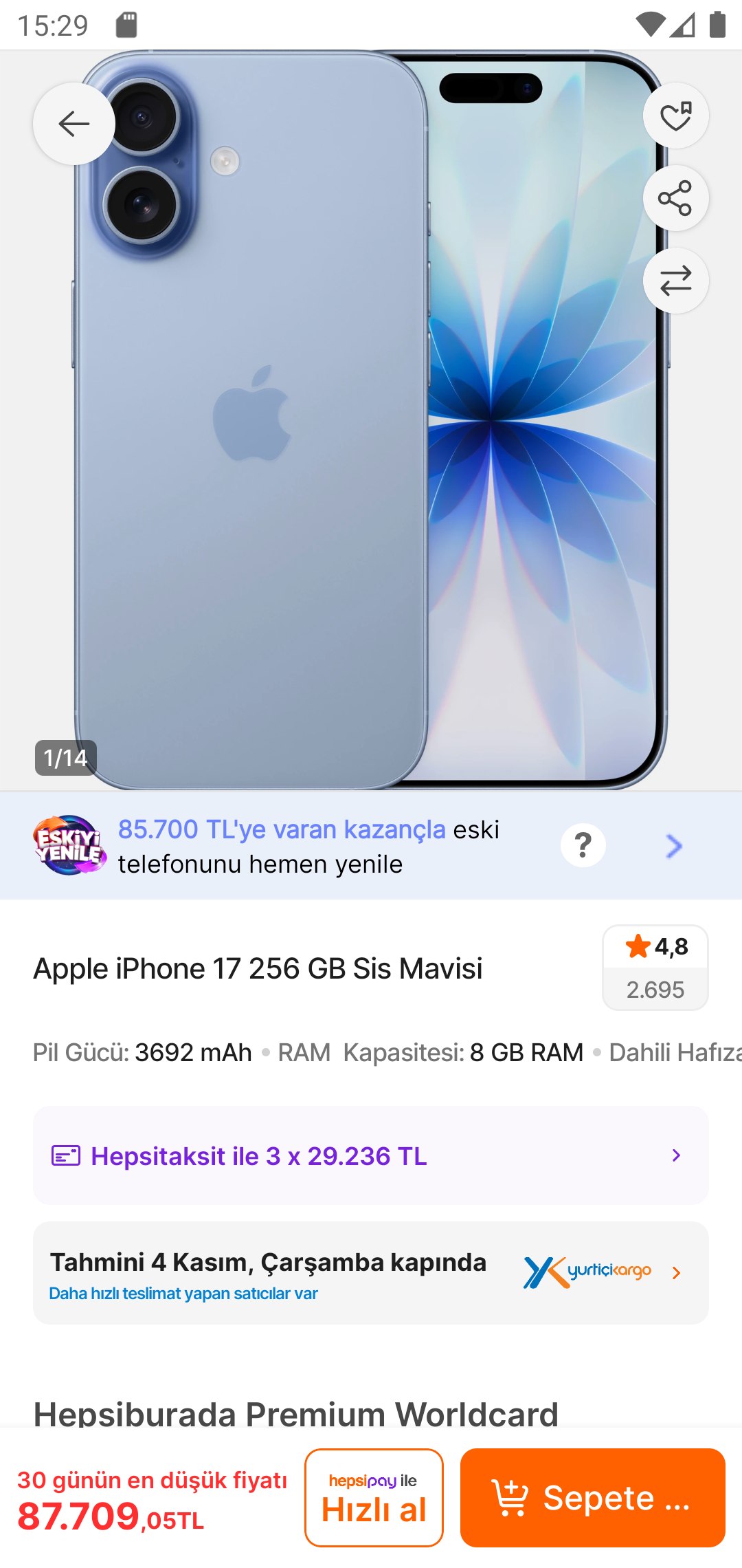 Apple iPhone 17 256 GB Sis Mavisi