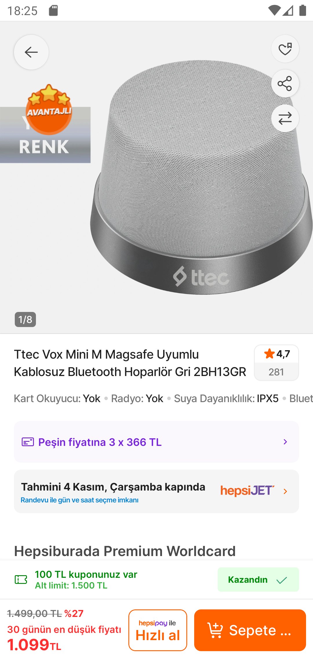 Ttec Vox Mini M Magsafe Uyumlu Kablosuz Bluetooth Hoparlör Gri 2BH13GR