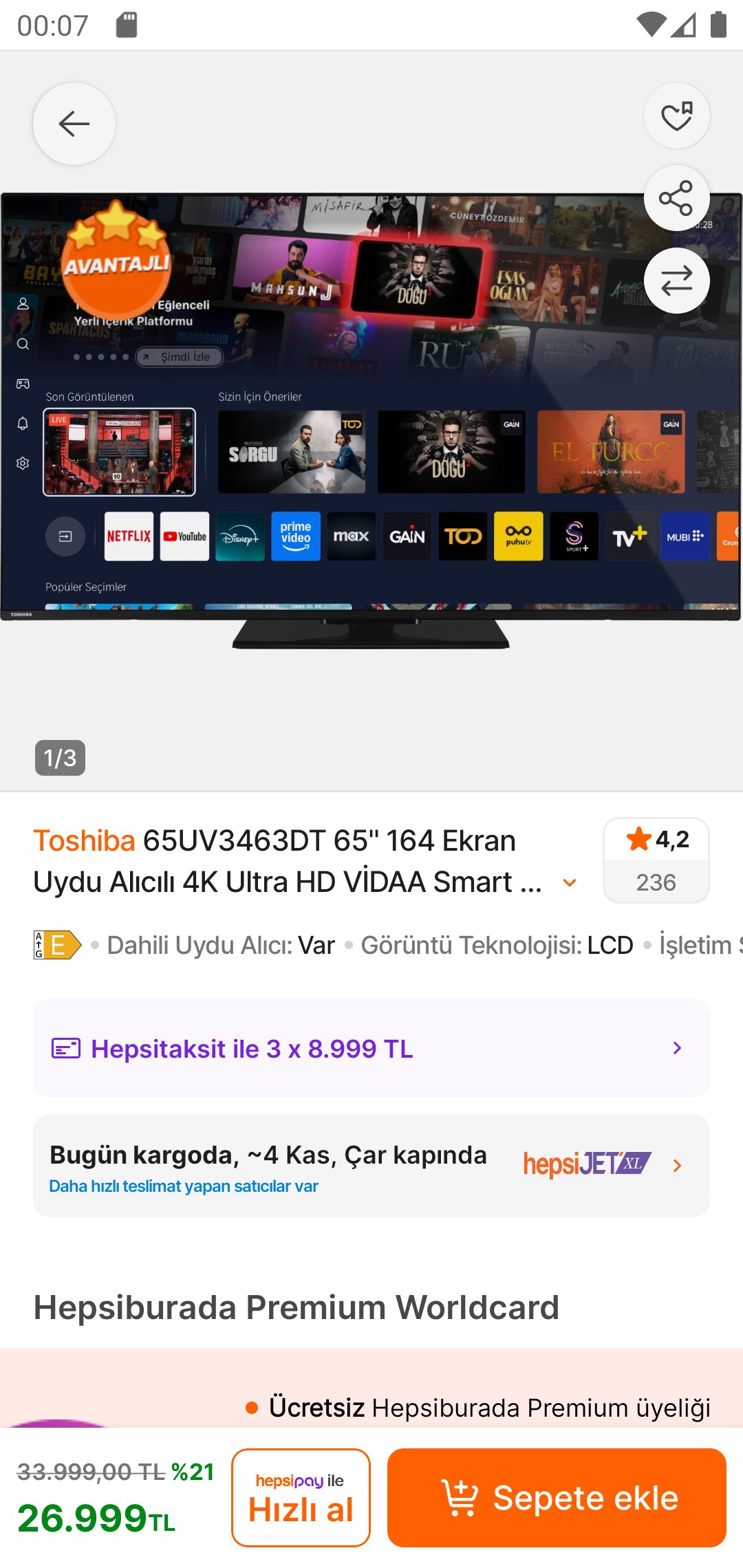 Toshiba 65UV3463DT 65 164 Ekran Uydu Alıcılı 4K Ultra HD VİDAA Smart LED TV