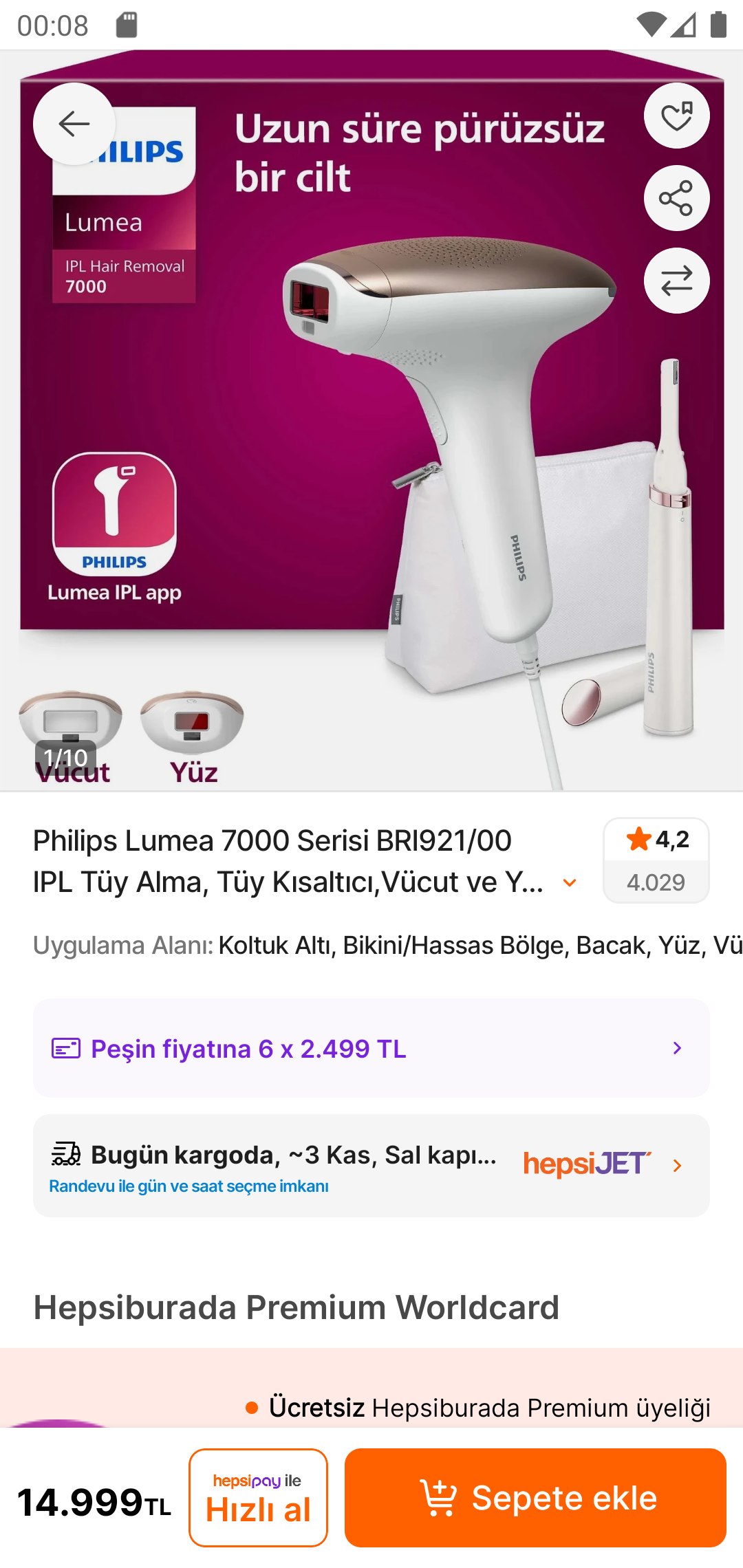 Philips Lumea 7000 Serisi BRI92100 IPL Tüy Alma, Tüy Kısaltıcı,Vücut ve Yüz için…