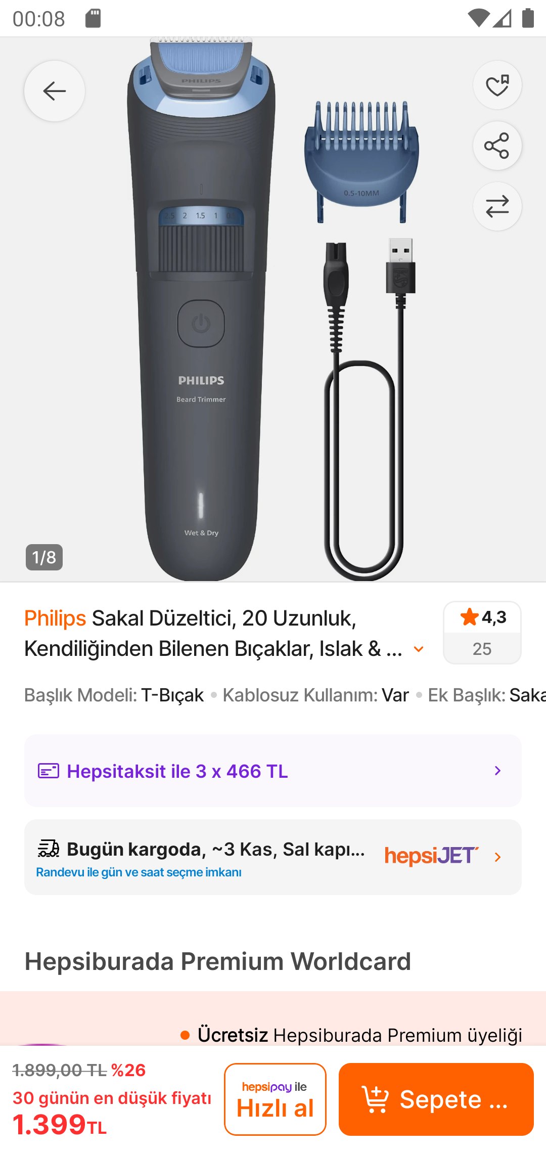 Philips Sakal Düzeltici, 20 Uzunluk, Kendiliğinden Bilenen Bıçaklar, Islak Kuru …